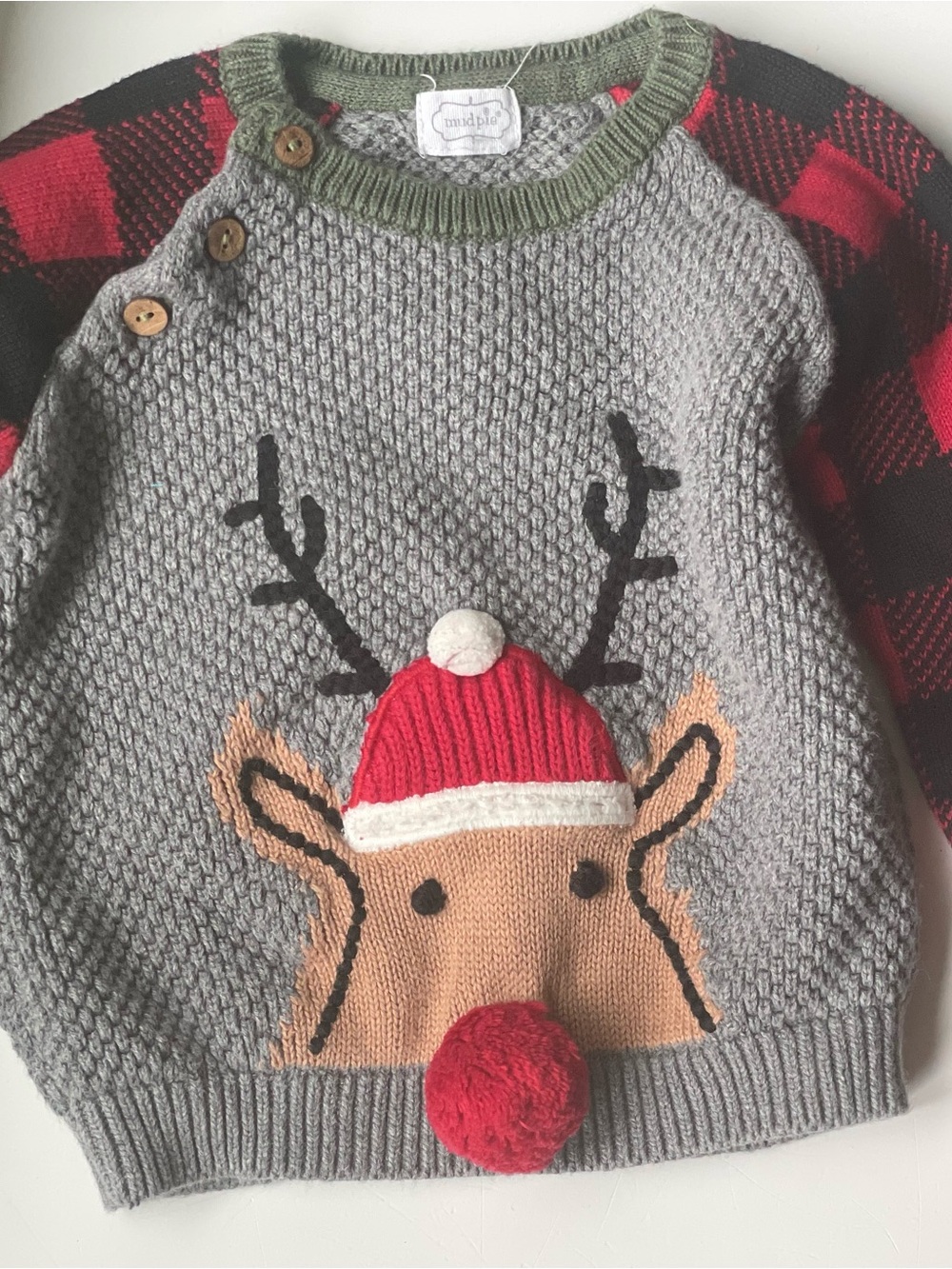Mud Pie Green-Trim Grey Knit Sweater